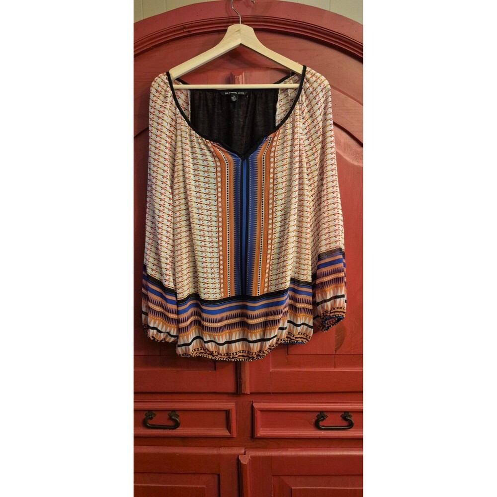 Zac And Rachel 2 XL Womens Multicolor Boho Pattern Tassel Tie Blouse Top Shirt